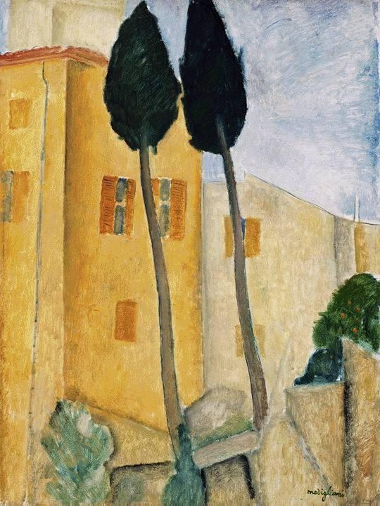 Cypress Trees and Houses, Midday Landscape - Amedeo Modigliani Paintings